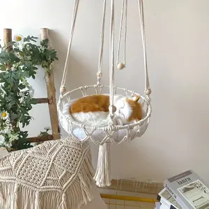Boho Macrame Cat Hammock and Swing - Natural Wood Finish with Rope Design, Ideal for Cat Lovers and Home Decor