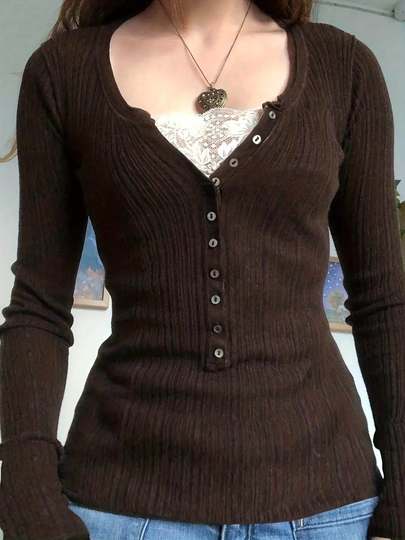 Women's Contrast Lace Button Front T-shirt, Casual Long Sleeve Ribbed Top For Spring & Fall, Women's Clothes