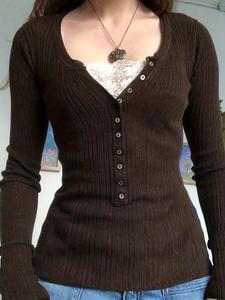 women's trendy contrast lace button front t-shirt, casual long sleeve ribbed top for fall, 2024 tee shirts for fall outfits, please purchase a size up, vintage clothing, fall clothes