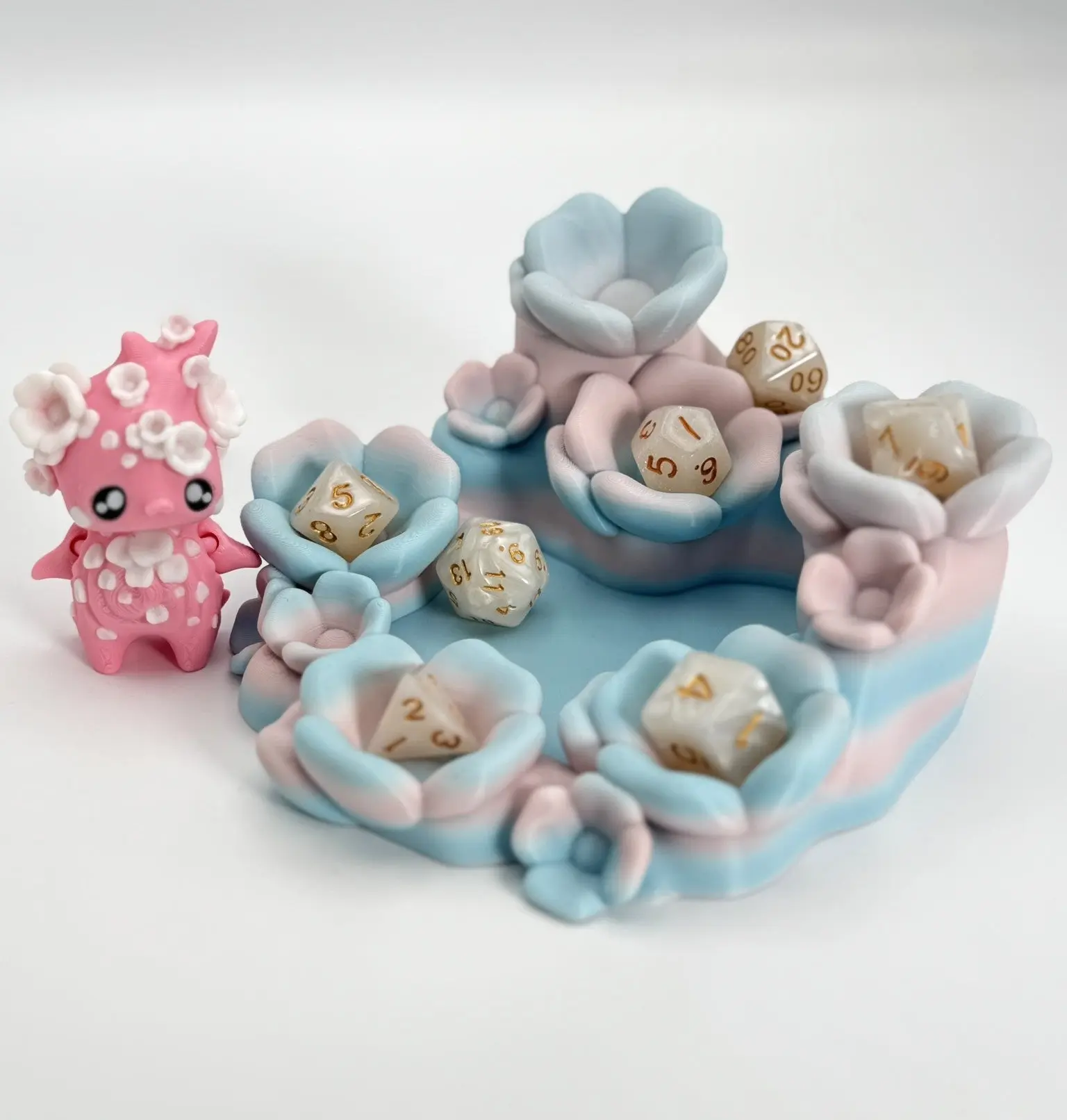 3D Printed Pastel Floral Dice Holder with Rolling Tray, Charming Kitty Figure Guardian for DnD Games