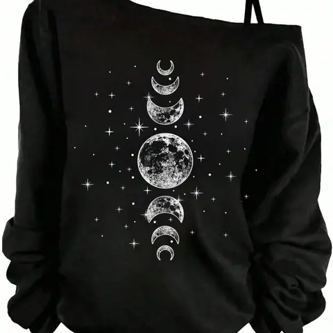 Women's Casual Loose-Fit Long Sleeve T-Shirt, Aesthetic Moon Print Top for Daily Wear, Comfortable All-Season Indoor & Outdoor Wear