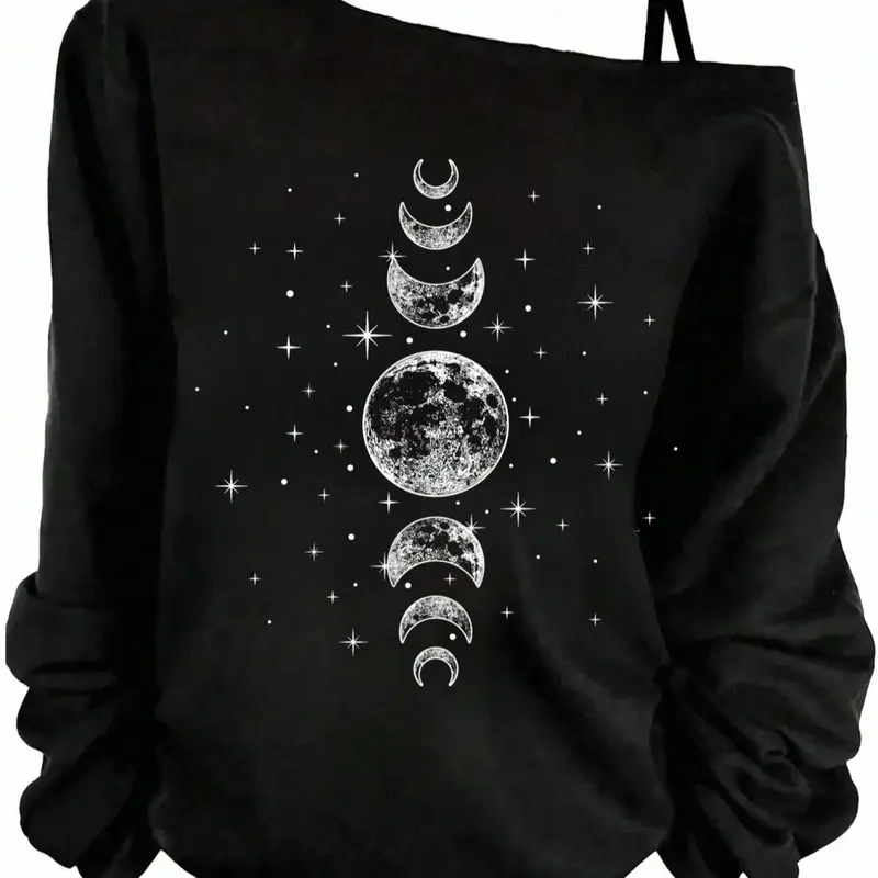Women's Casual Loose-Fit Long Sleeve T-Shirt, Aesthetic Moon Print Top for Daily Wear, Comfortable All-Season Indoor & Outdoor Wear