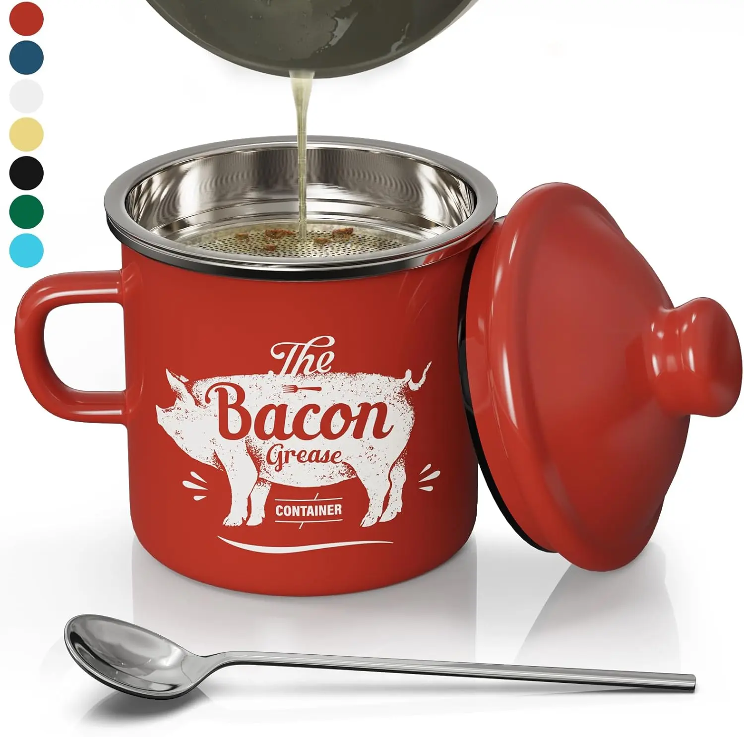 15OZ (425ml) Retro Enamel Coating Bacon Grease Container with Airtight Lid, 304 Stainless Steel Strainer, Single Unit Cylindrical Kitchen Accessories, Dishwasher Safe for Kitchen Counter, Farmhouse Decor (Red)