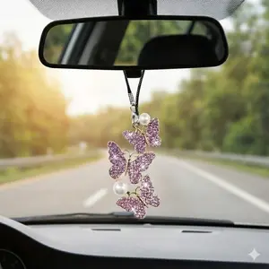 Sparkling Crystal Butterfly Car Mirror Hanging Accessory - Bling Car Decor for Women, Y2K Aesthetic Interior Charm with Pearl Accents, Cute Rear View Mirror Pendant Gift for New Driver