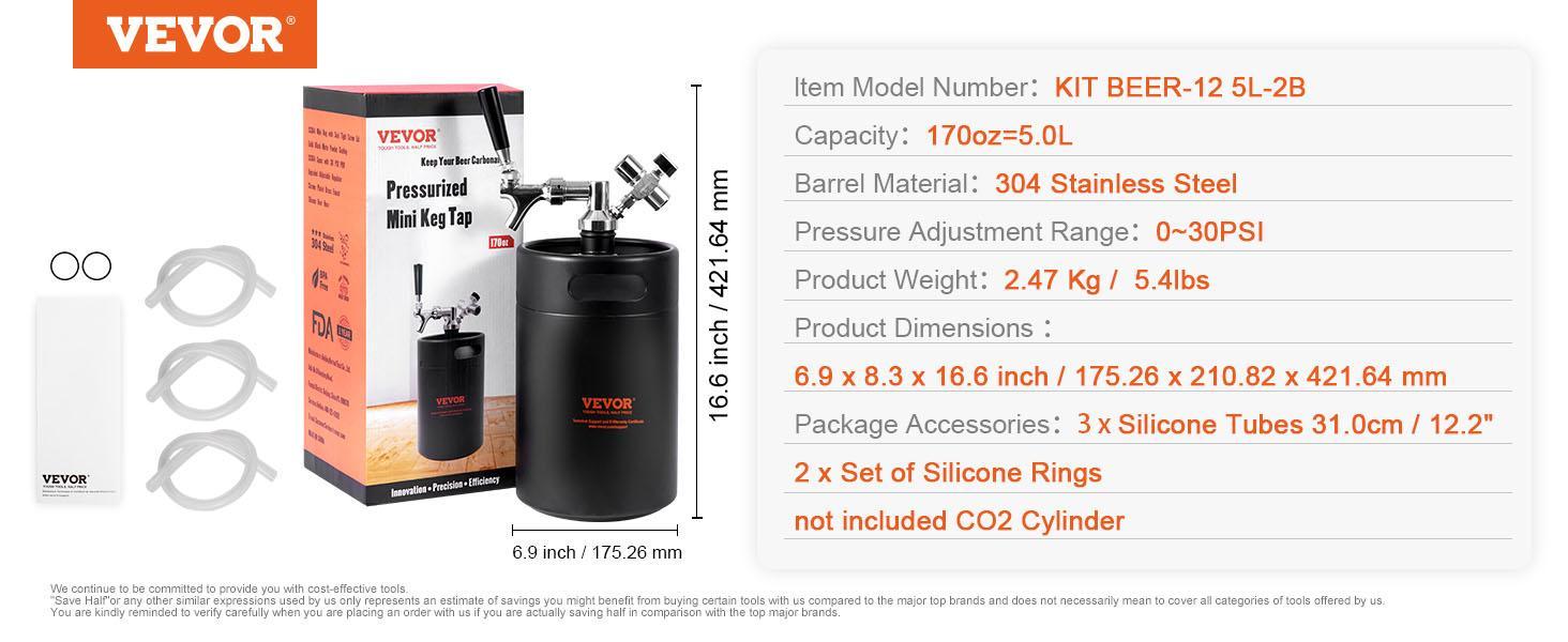 VEVOR Beer Growler Tap System, 170Oz 5L Mini Keg, 304 Stainless Steel Pressurized Beer Growler, Keg Growler with Pressure Display, CO2 Regulator Faucet, Leak-Proof Ring For Draft, Homebrew, Craft Beer VEVOR Beer Growler Tap System, 170Oz 5L Mini Keg, 304 Stainless Steel Pressurized Beer Growler, Keg Growler with Pressure Display, CO2 Regulator Faucet, Leak-Proof Ring For Draft, Homebrew, Craft Beer