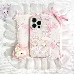 Crystal transparent white light cute rabbit cat tea party phone case Cover Casing for iPhone 11 12 13 14 15 16 pro max