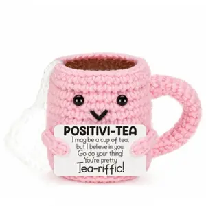 Mini Positive Crochet Tea Cup Birthday Gifts for Women Friend Sister, Bosses Day Christmas White Elephant Gifts for Teen, Emotional Cheer Up Support Gifts for Coworker Handmade Cute Decor Stocking Stuffers
