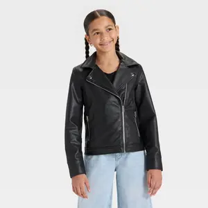 Girls' Faux Leather Moto Jacket - art class Black XL