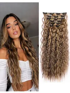 6PCS Clip in Hair Extensions 24" Synthetic Soft Hair Kinky Edge Long Curly Wavy Hair Extensions Natural Thick Loose Deep Wave Hairpieces for Women Honey Blonde mix Brown Color Synthetic Fiber Extensions