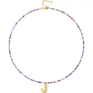 Beaded Initial Necklace, Gold Plated Bubble Letter Pendant Rainbow Gemstone Choker Colorful Summer Beach Jewelry for Women Girls
