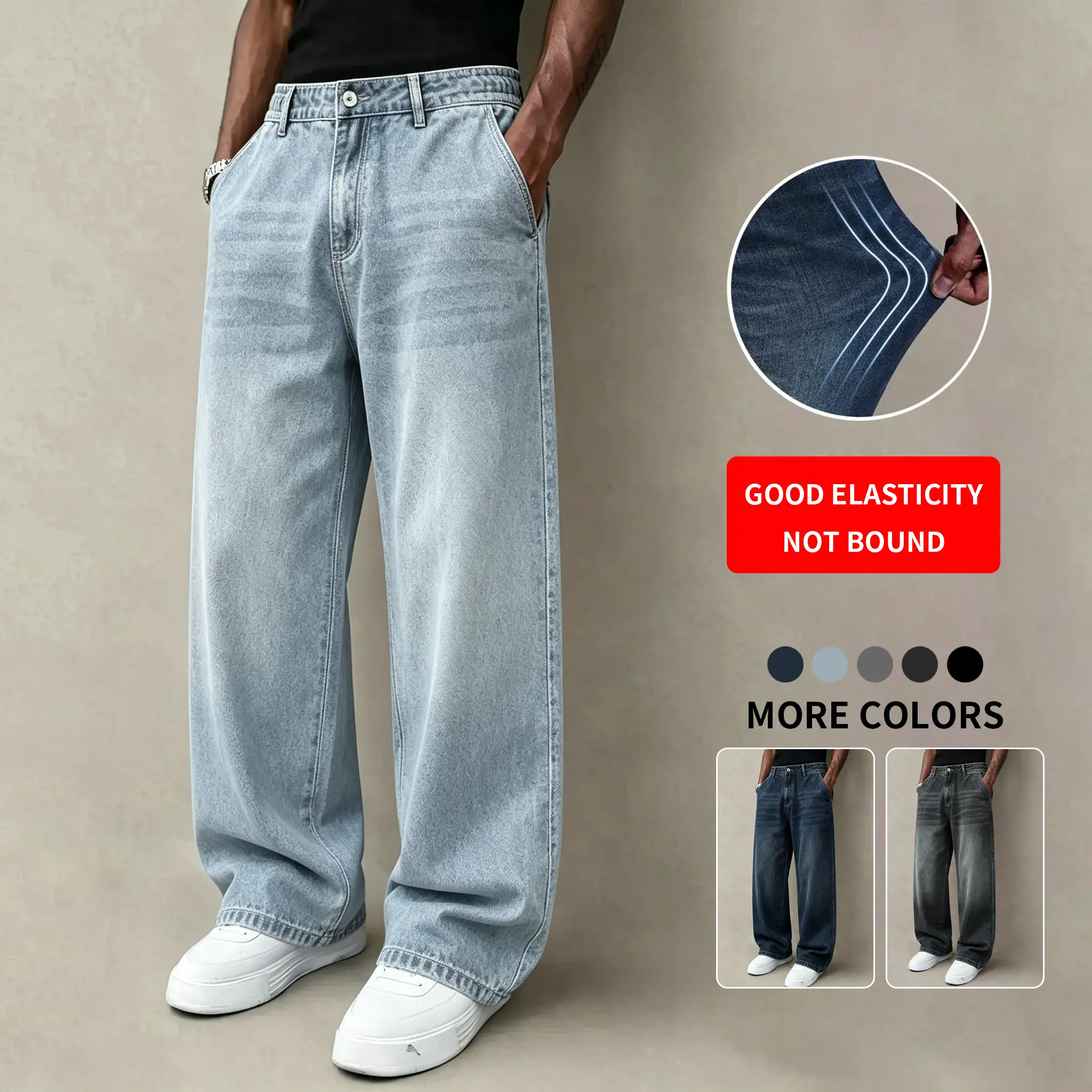 Men's Straight Leg Retro Denim Pants - Vintage Washed Stretch Polyester Jeans, Classic Comfortable Stylish Menswear for Everyday Casual Wear, Hoodie Pairing Option, Black + Black, Machine Wash