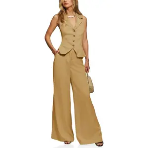 Fisace Womens Vest Sets Summer 2 Piece Outfits Button Crop Blazer Vest and Wide Leg Pant Suit