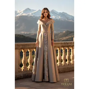 TERANI 261M6455 Dress Off-Shoulder Mikado A-Line Gown with Long Sleeves and Slit