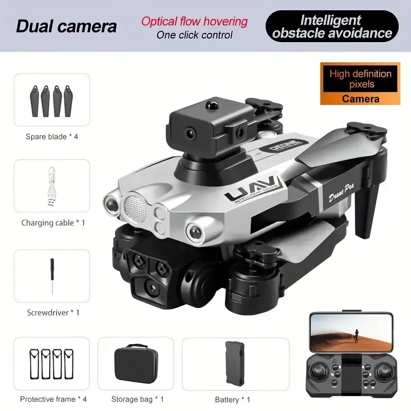 Silver‑colored dual‑camera drone equipped with optical‑flow hovering and intelligent obstacle‑avoidance functions. It supports one‑key operation for steadier and safer high‑definition aerial photography, friendly enough for beginners.