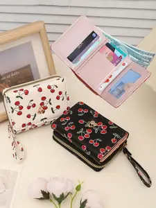 New Women's Short Wallet, Cherry Print Foldable Zipper Three-Fold Fashion Handbag, Multi-Card Slot Coin Purse, Daily Use, Gift Ideas