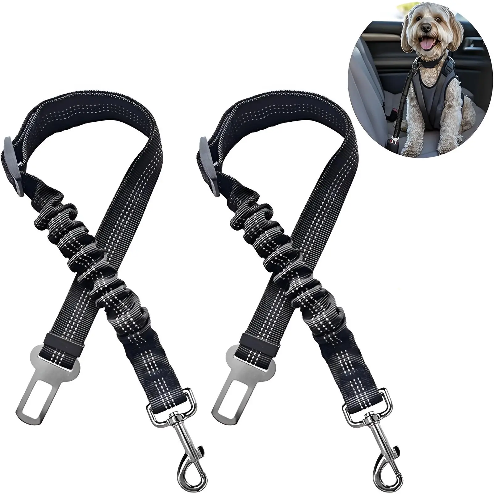 Dog Car-Safe Car Harnesses, 2-Pack Adjustable Nylon Vehicle Safety Straps with Elastic Bungee Buffer, Reflective Durable Pet Leash Accessories