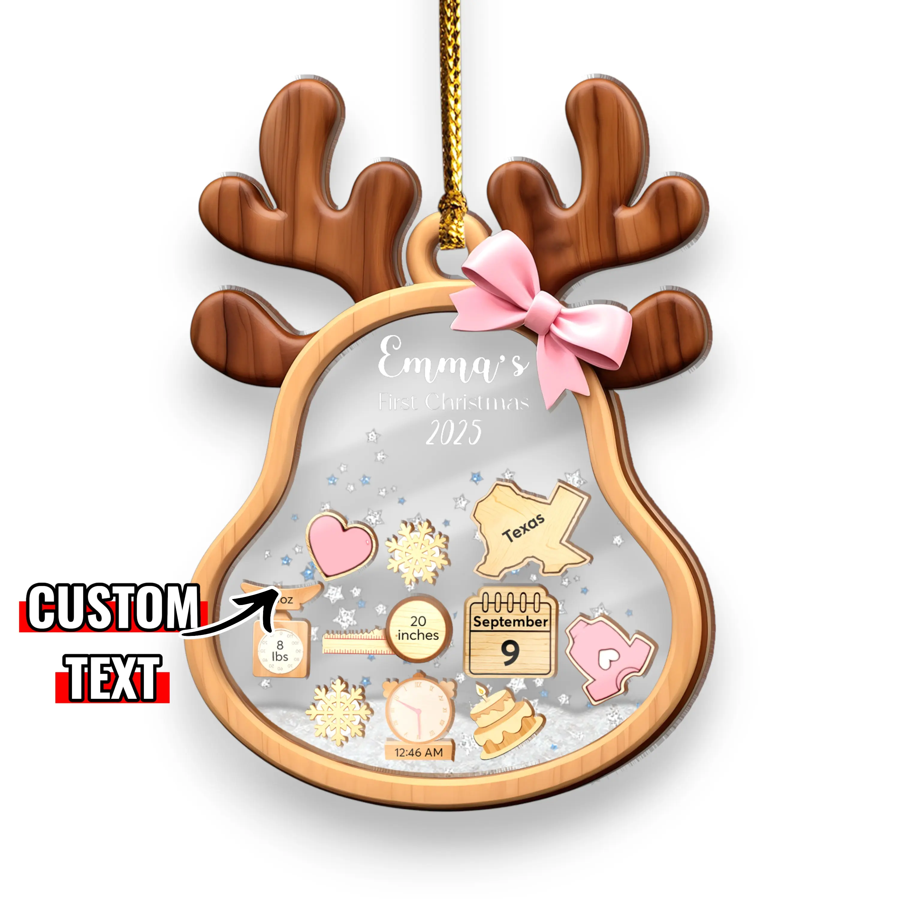 Personalized Baby's First Christmas Ornament 2025 Custom Baby Boy Girl First Christmas Bauble Newborn Gift 4D Shake Ornament for Babies with Custom Text and Teddy Bear Design
