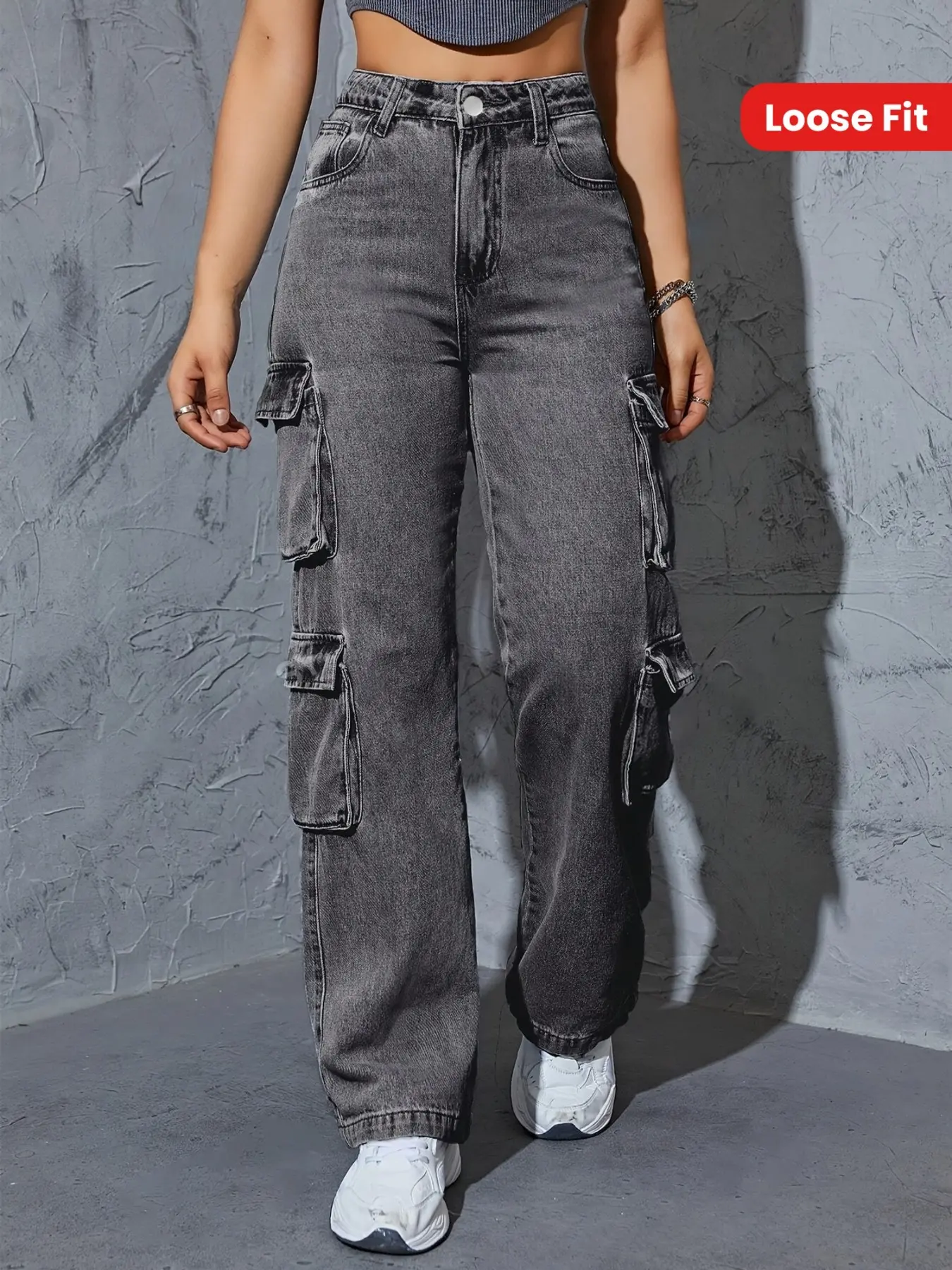Women's Denim High Waist Wide Leg Loose Fit cargo Pants, Vintage Washed Fashion Comfortable Long Trousers, All Seasons Versatile Outdoor Wear