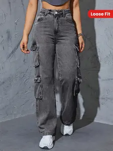 Women's Denim High Waist Wide Leg Loose Fit cargo Pants, Vintage Washed Fashion Comfortable Long Trousers, All Seasons Versatile Outdoor Wear