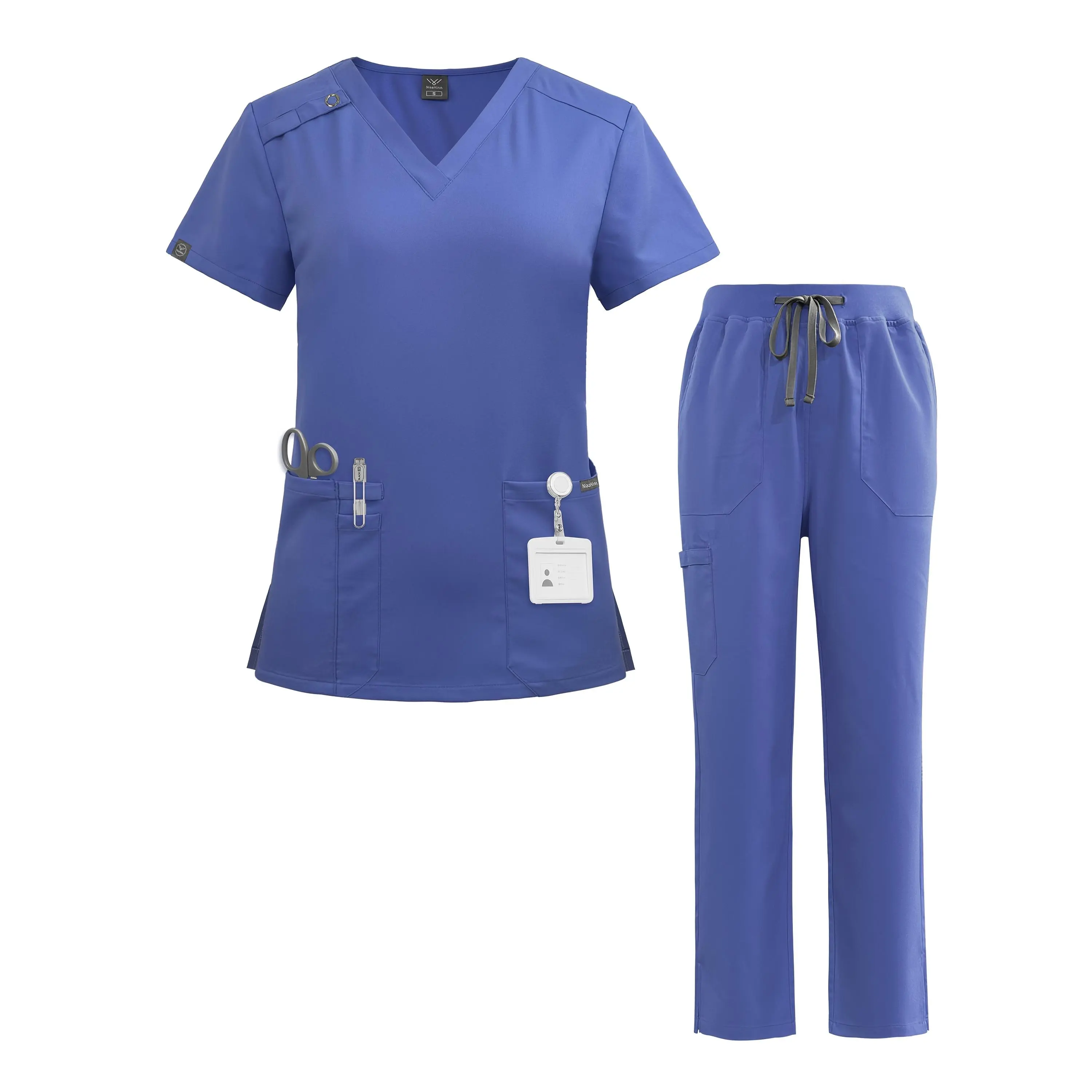[Women's Nursing Scrub] Beige Women's Nursing Scrub Set - Short Sleeve V-Neck Top with Pockets & Pants, Uniforms for Healthcare Worker