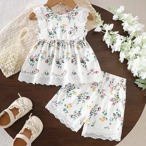 Baby Girl Summer Outfit Floral Sleeveless Ruffle Top with Lace Trim and Shorts Set 2-Piece for 6M-4Y Summer Casual Wear C465