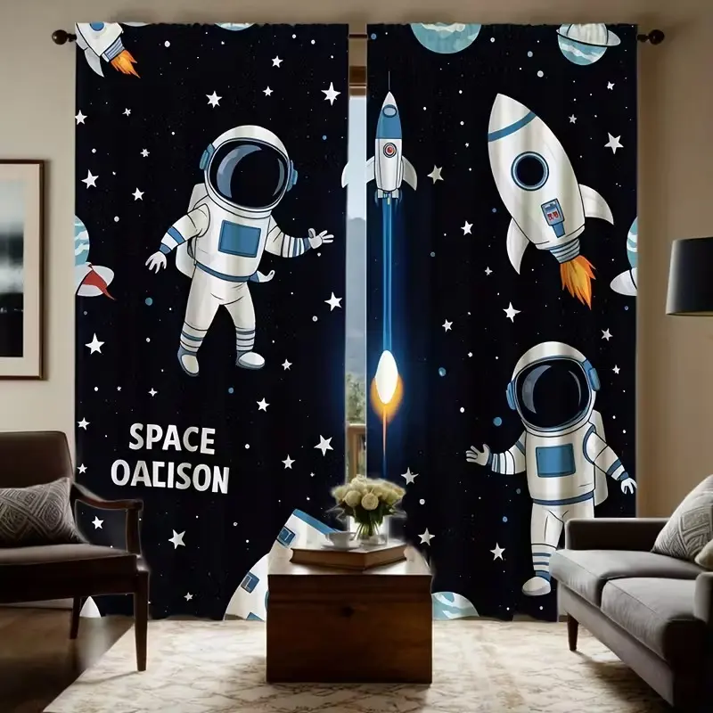 High Resolution Digital Curtains Set, Cartoon Astronaut Pattern, Perfect for Living Room or Bedroom Home Decor, Home Decorative Curtain, Home Decoration Curtain, Window Curtains