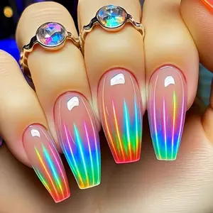 Gradient Iridescent Glitter Fake Nails, 24pcs/box Removable False Nails for Women Girls Nail Art, Nail Tips Art, Effortless Press on Nails Set