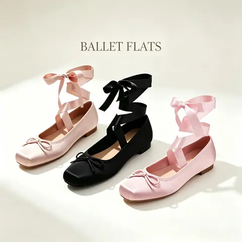 Women's Chic Ballerina Flats Shoes - Bowknot Design, Square Toe, Adjustable Lace System, Flat Sole, Satin Fabric, Elegant Party & Casual Footwear