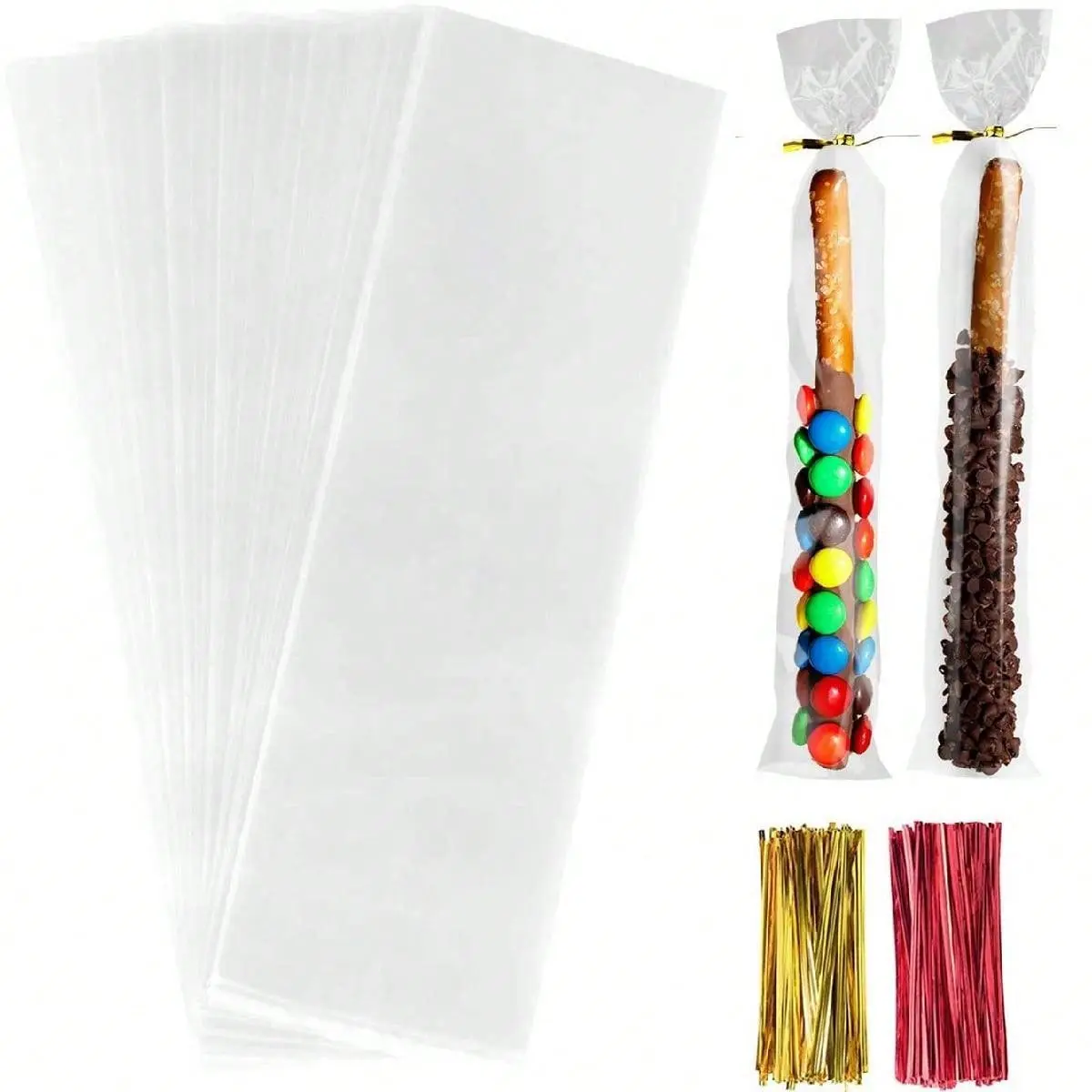 100pcs  5 X 25cm Opp Bags for Pretzel Rods, Transparent Plastic Bags with Colorful Twist Ties for Gift Packaging, Ideal for Bakery Treats & DIY Crafts