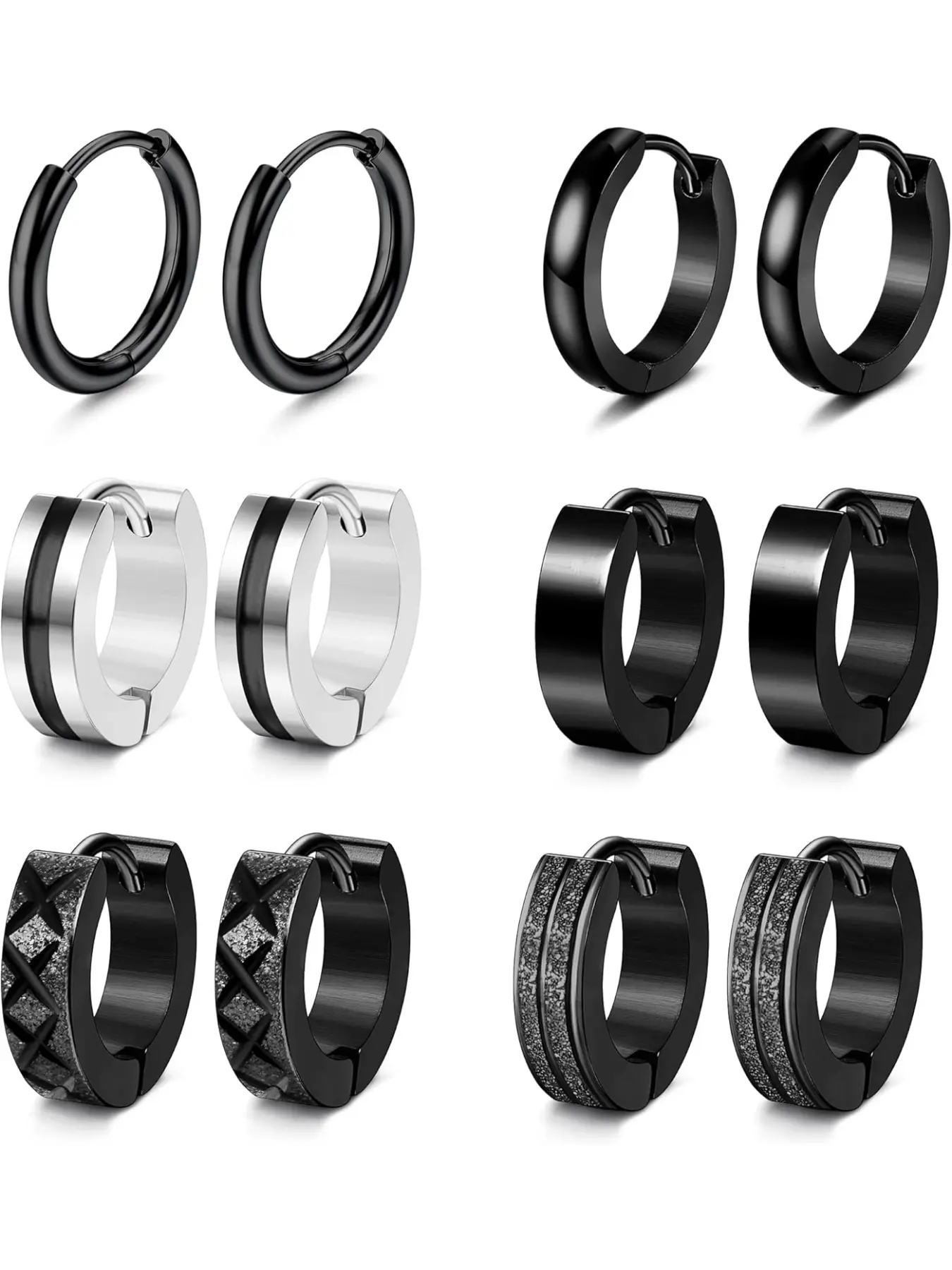 6 Pairs Men's & Women's Casual Earrings Set - Stainless Steel Hoops, Huggie & Helix Earrings - Black, Classic Small Hoops, Ear Studs, Earrings Jewelry