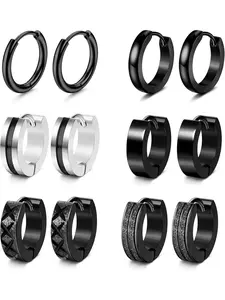 6 Pairs Men's & Women's Earrings Set - Stainless Steel Hoops, Huggie & Helix Earrings - Black, Classic Small Hoops, Ear Studs
