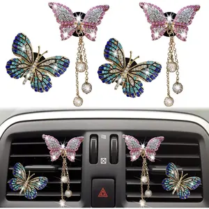 Bling Butterfly Air Vent Clips, 4 Pcs Crystal Pendant Fresheners, Diffuser Diamond Decoration, Cute Interior Decor Accessories for Women