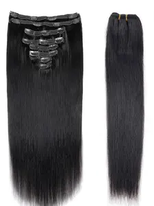 Real Hair Clip-In Extensions Set, Natural Black Color,  Straight Hair Pieces for Women, Adds Volume & Length, 18-20 Inches Long