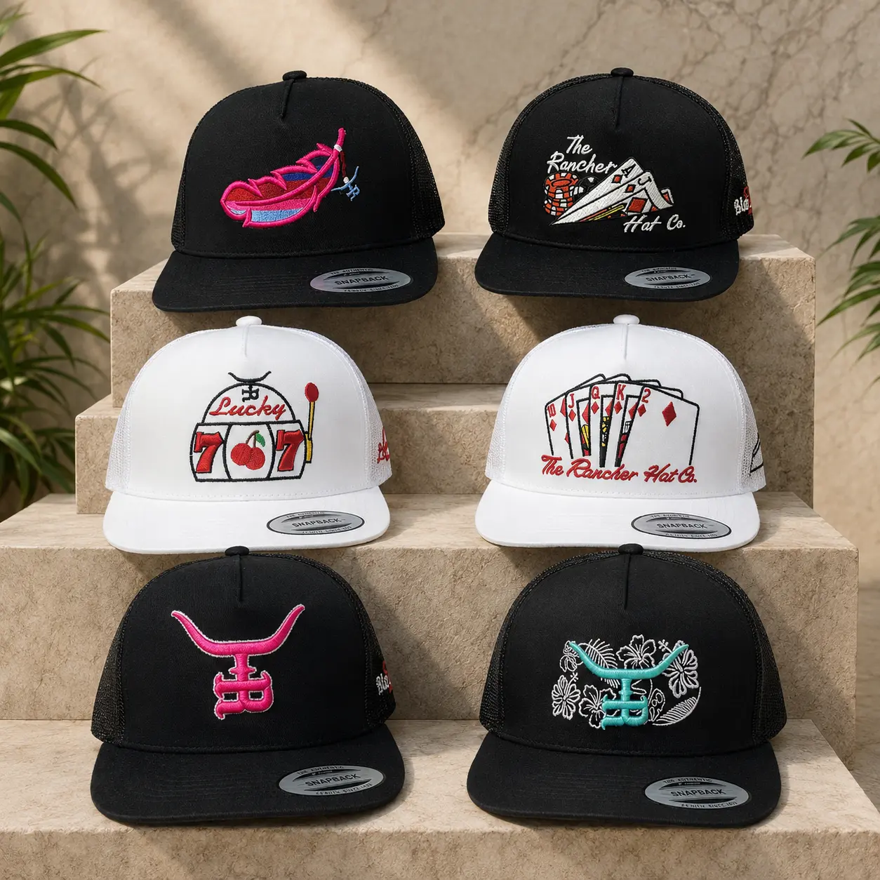 Rancher Feather Flat Bill Trucker Hat, Embroidered Feather Snapback Cap, Western Cowboy Mesh Hat, Outdoor Casual Gift for Men & Women