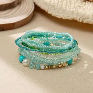 Multicolor Bohemian Crystal Beaded Stackable Bracelets for Women, Summer Multilayered Stretchy Pearl Bracelets Set, Summer Boho Jewelry, 10 Pack