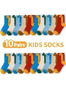 10 Pairs Boys' Crew Socks, Spring & Fall Comfortable Soft Cartoon Dinosaur Pattern, Kids Student Socks, Breathable Sporty Socks