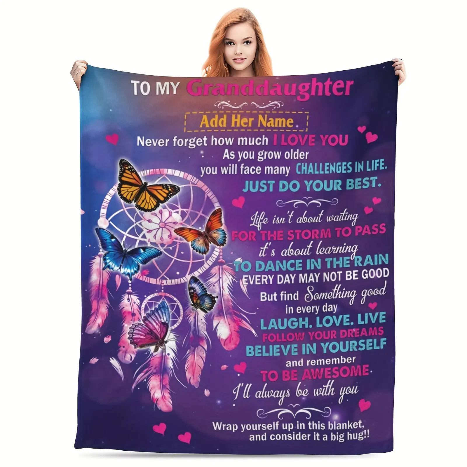 1 pc Custom Name Personalized Granddaughter Blankets from Grandma, Custom Blankets for Granddaughter Gifts, to My Granddaughter Blanket from Grandma & Grandpa, Customized Flannel Sherpa 60x80