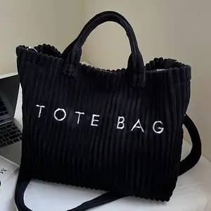 Women'S Soft Corduroy Tote Bag with Adjustable Shoulder Strap - Large Capacity, Removable Strap, Classic Square Design, Black with White Lettering, Perfect for Work, Shopping, and Everyday Use, Versatile Carryall |   Stylish Tote Bag