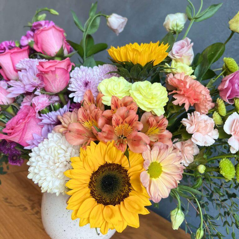 Sunny Side Bloom - Radiant Floral Arrangement with Sunflowers Pink Roses Daisies & Pastel Blooms for Brighten Your Day