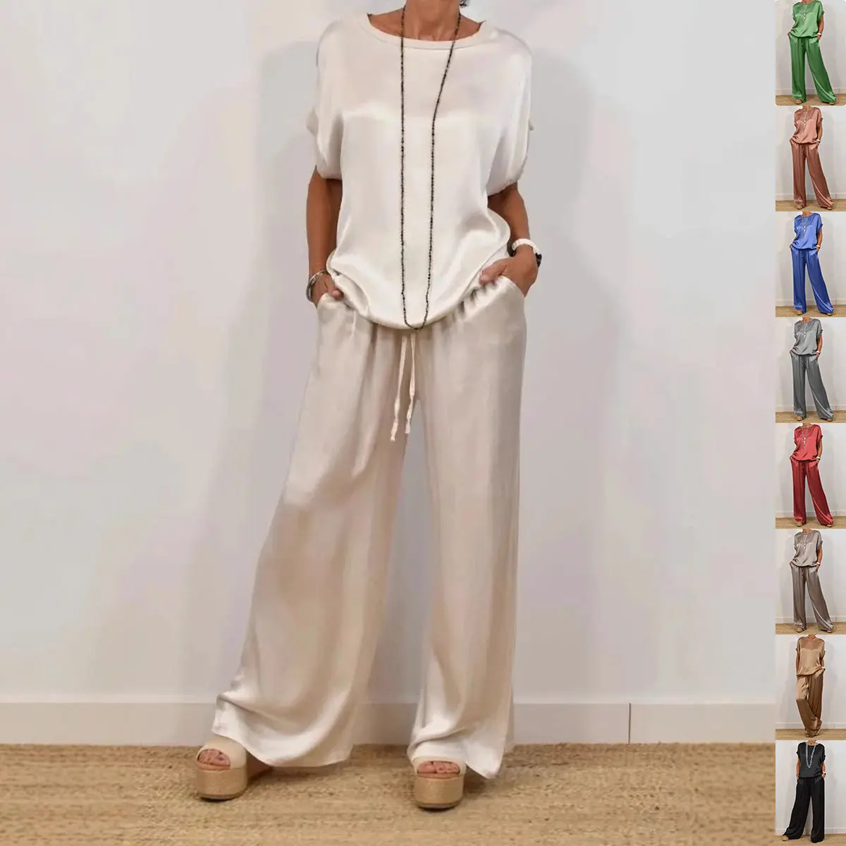 Short-sleeved Suits Loose Button Down Shirt And Wide Leg Pants Set Women's Casual Two Piece Outfit For Daily Wear