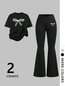 Women's Spring Summer Casual Round Neck Bow Print Short Sleeve Top Set, Long Pants Loungewear Sleepwear, 2 Piece Set