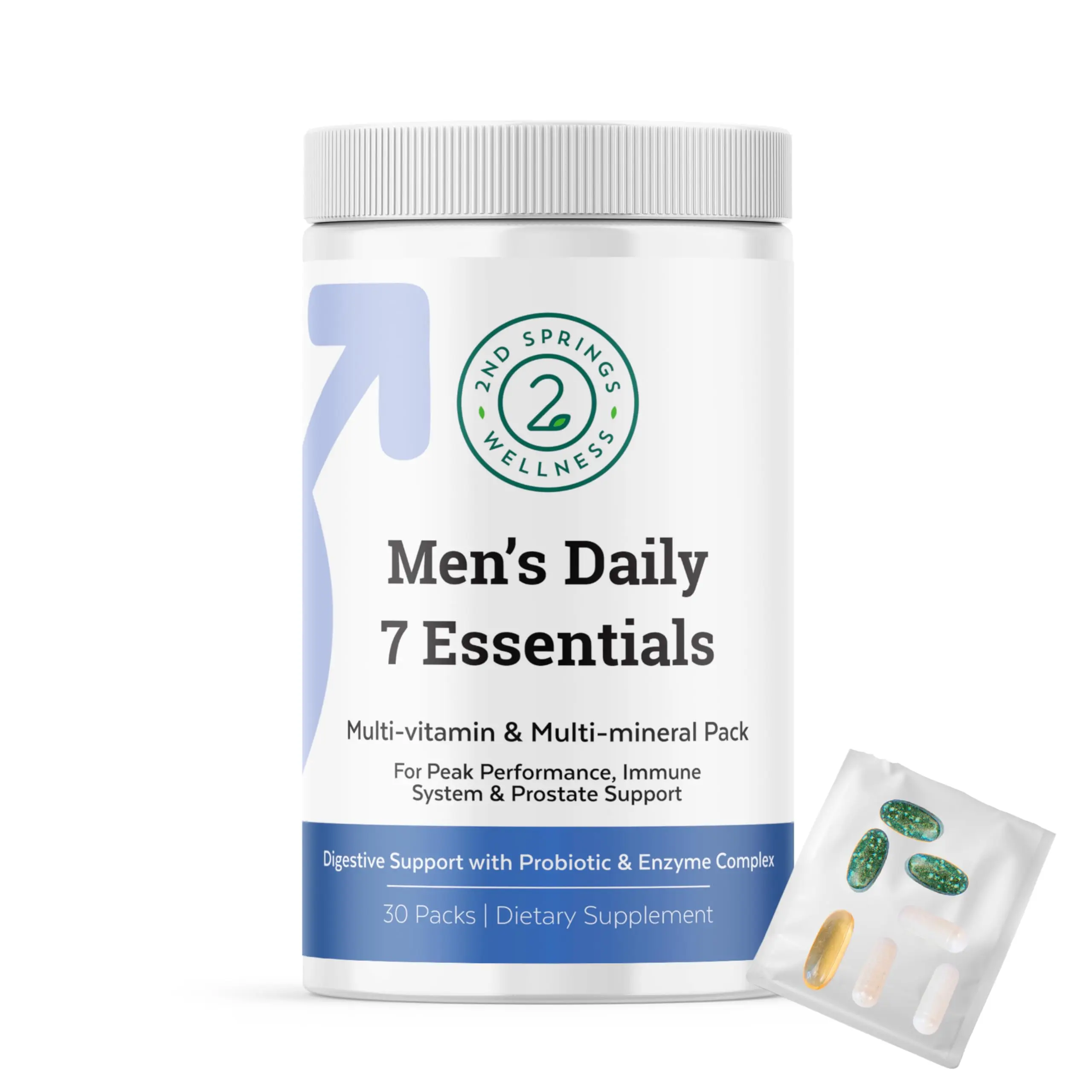 2nd Springs Daily 7 Essentials - 7 Pack Adult Male Multivitamin & Multimineral Pack for Energy, Metabolism, Immune System Support, Prostate Support with Probiotic, Digestive Enzymes
