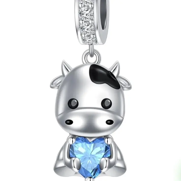 925 Sterling Silver Blue Zircon Cow Charm Bead for Bracelet Jewelry