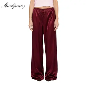 Women's Satin Solid Color Pants Elegant Elastic Drawstring Waist Loose Trousers for All Seasons