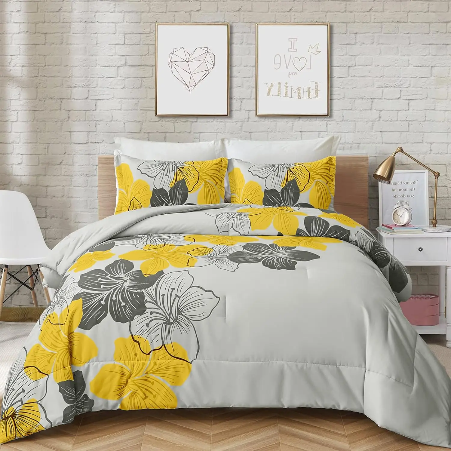 Floral Comforter Set Queen Yellow Floral Pattern Printed on Grey Soft Microfiber Bedding Set Lightweight Bed Set for All Season, 3 Piece (1 Comforter, 2 Pillowcases)