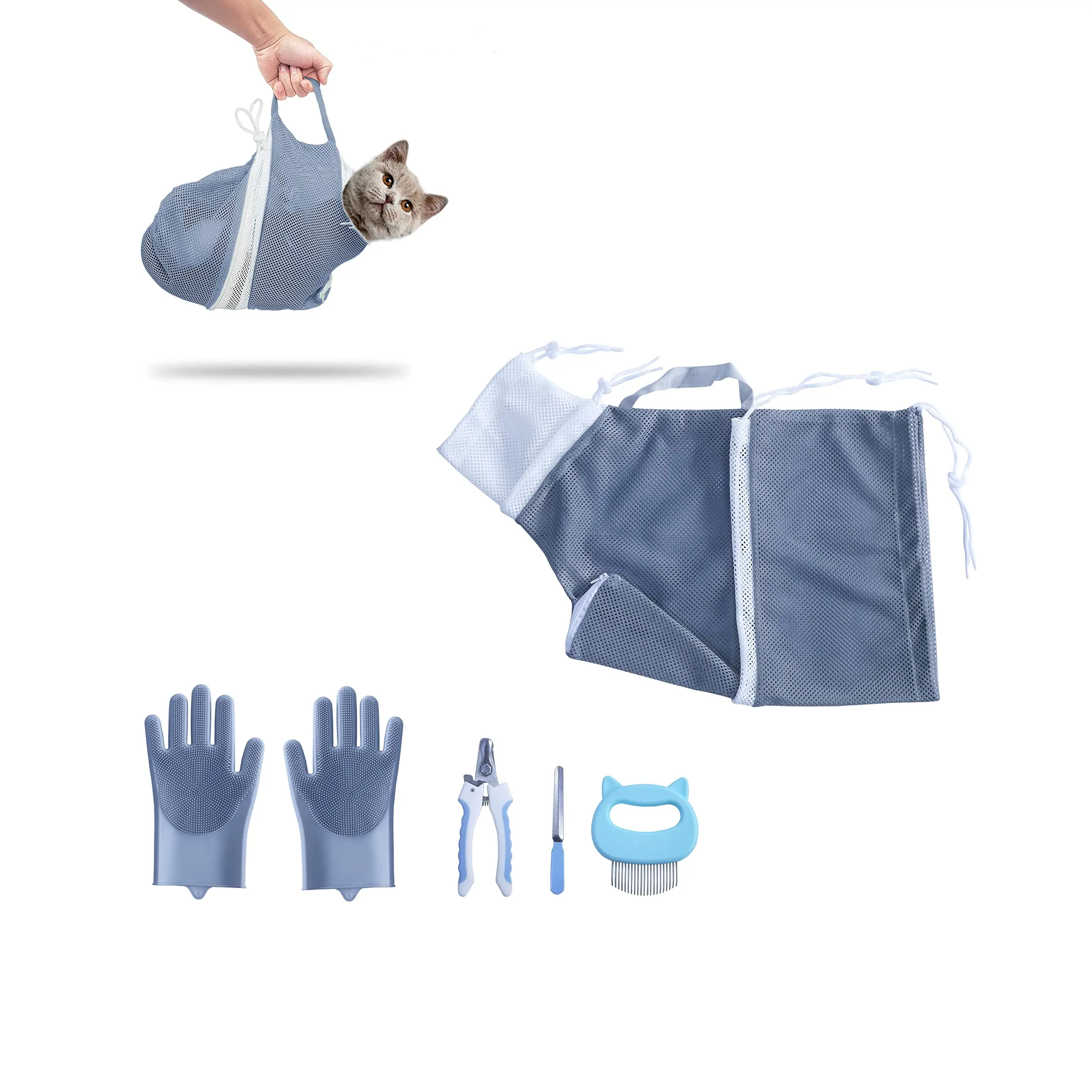 Adjustable Cat & Dog Bathing Mesh Bag Grooming Bundle - Anti-Bite, Anti-Scratch Pet Supplies with Nail Clipper File, Grooming Glove, Shell Comb, Manicure Tools, Eye Drops, Zippers for Bathing Needs, Grooming Accessories
