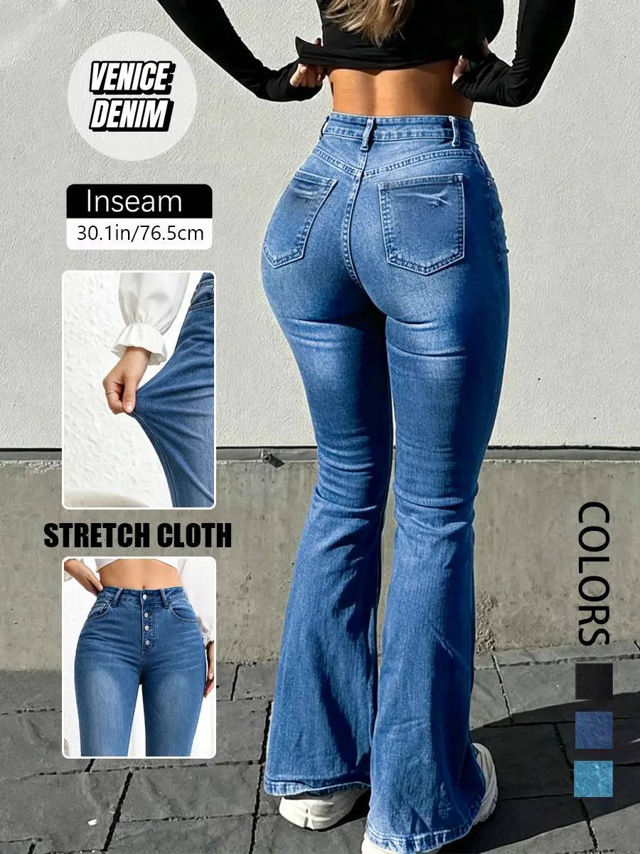 Women's High Waisted Stacked Flared Pants | Stretch Polyester Spandex Denim Jeans with a Butt-Lifting Fit, Soft, Fitted, Stretchy, Butt Lift, Booty Lifting Jeans, Bbl Jeans