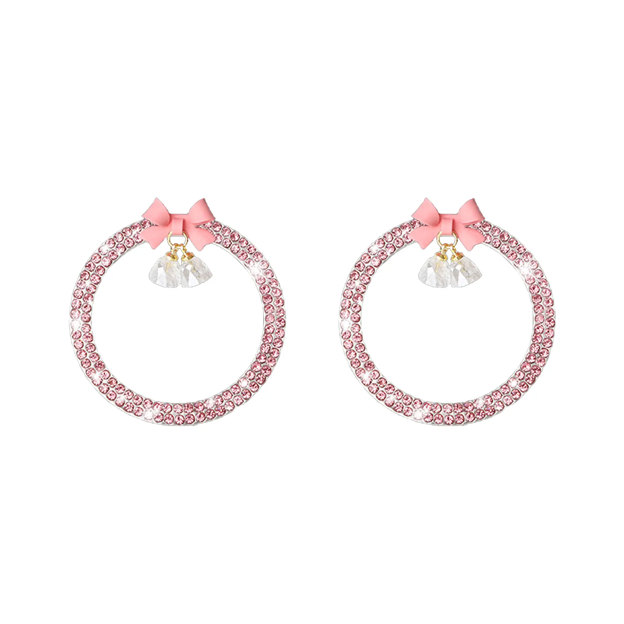 Car Start-Stop Button Ring Synthetic Sparkling Rhinestone Bow 2-Piece Set Auto Accessories for Women Crystal Ignition Decor