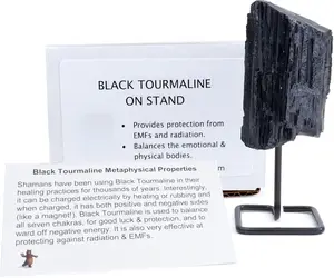 Black Tourmaline on Stand, Includes Information Card, Rough Raw Natural Stone for Good Vibes, Reiki Energy, Assembled in the USA