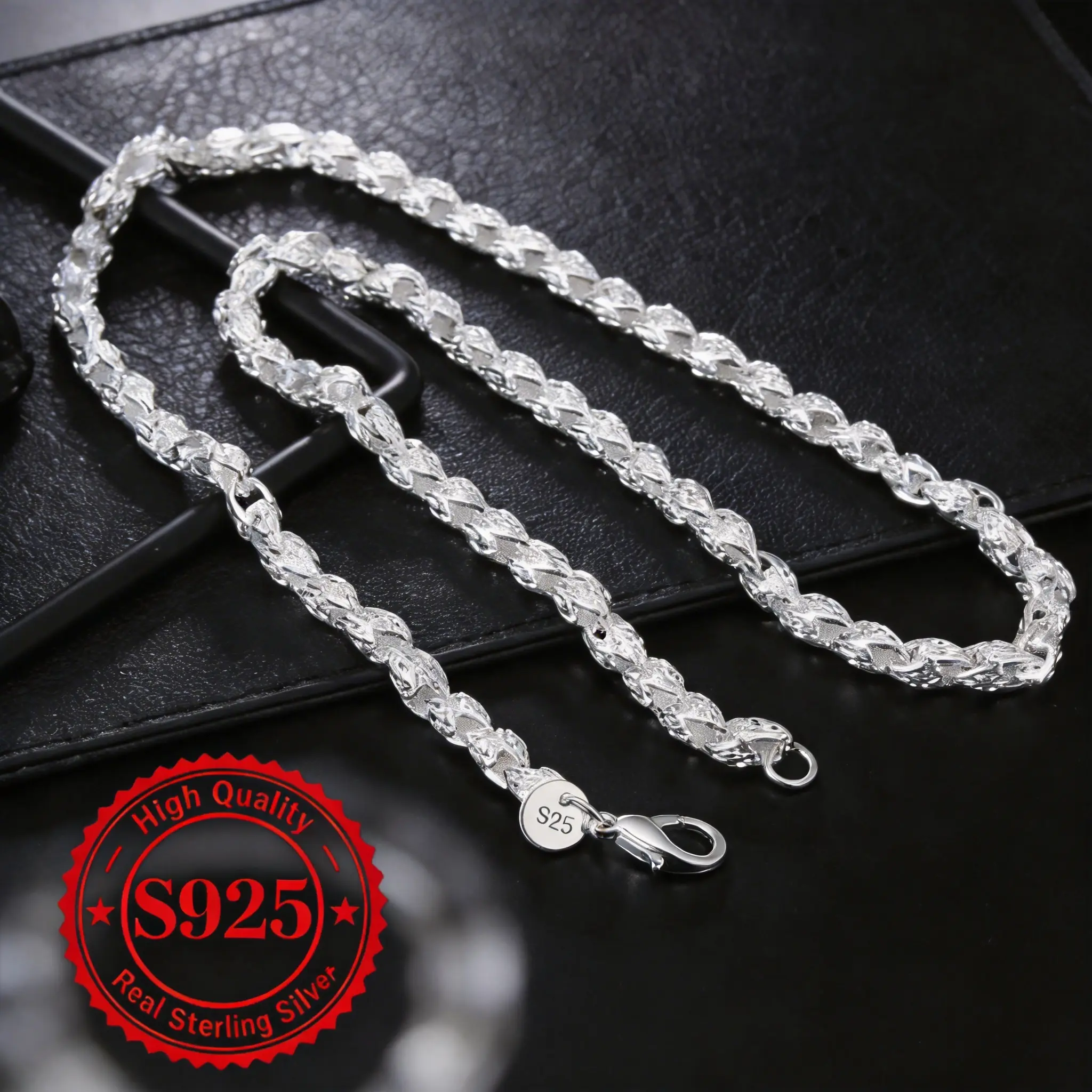 Men's 925 Silver-Plated Twisted Rope Chain Necklace, 5mm Thick, Hypoallergenic, Tarnish-Resistant, 20-24 in, Men's Jewelry, Trendy Necklaces, Tarnish Free Chain, Solid Core, Elegant Chain